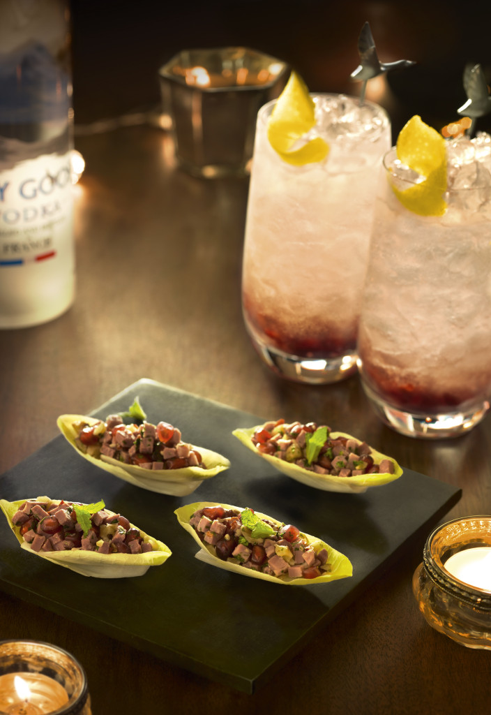 Chicory Bites with smoked duck, pomegranate and mint paired with GREY GOOSE Noe¦êl Rouge