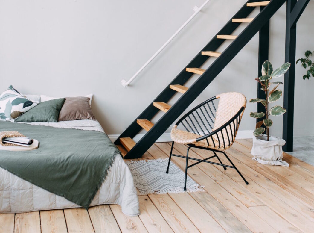 scandinavian style bedroom design light room bed stairs chair modern minimalist interior eco friendly t20 R0ee2k